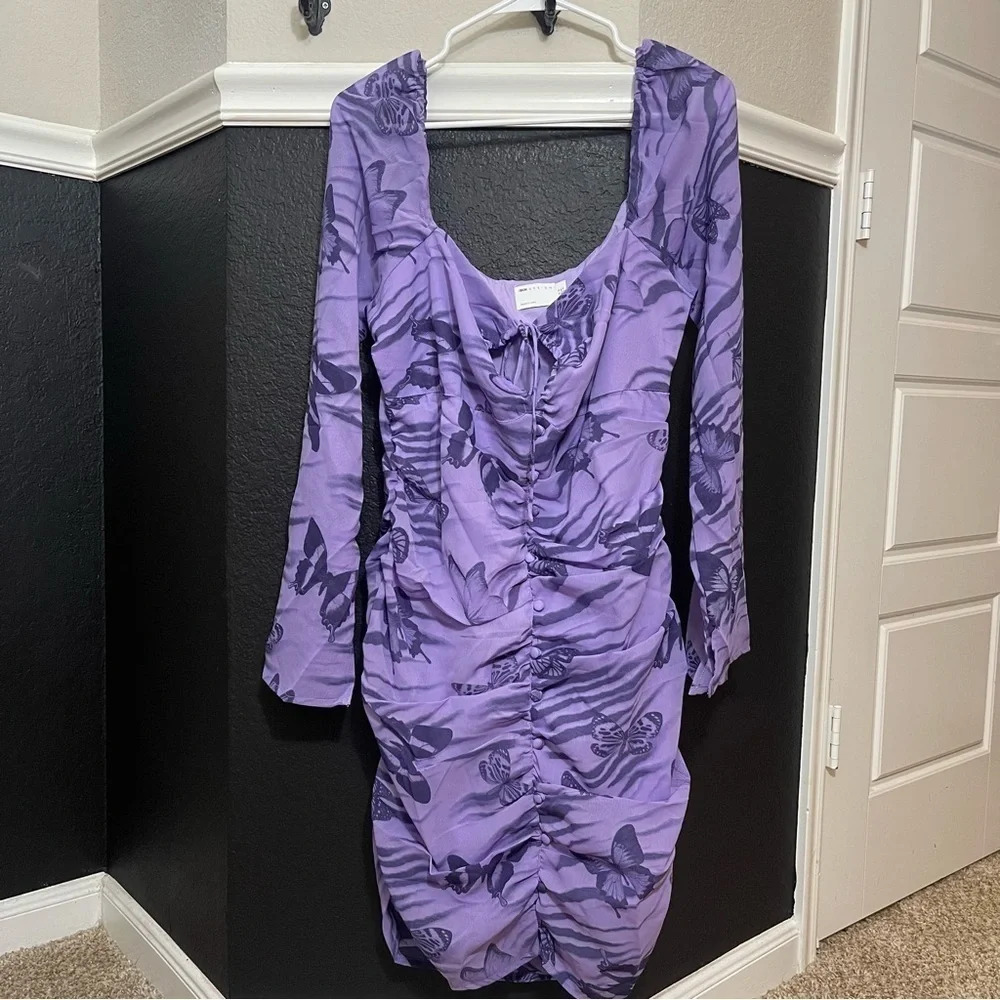 Asos Design Keyhole Mini Dress With Bottons in Purple butterfly print Size: 14